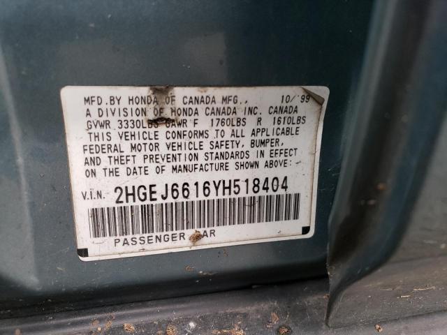 2HGEJ6616YH518404 - 2000 HONDA CIVIC BASE Dəniz mavisi foto 12