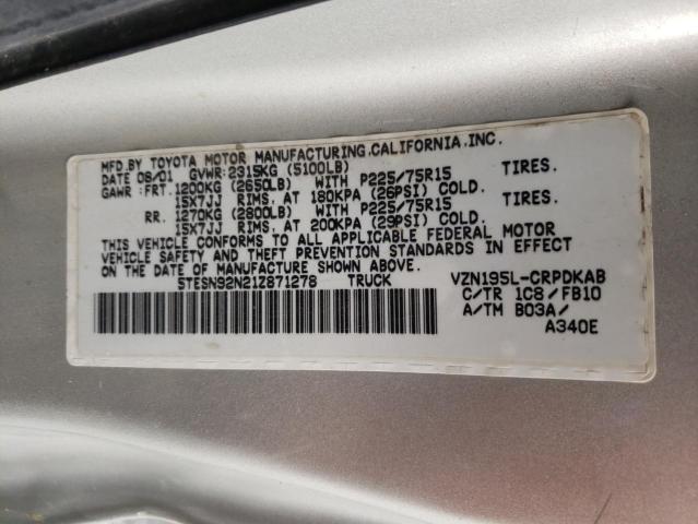 5TESN92N21Z871278 - 2001 TOYOTA TACOMA XTRACAB PRERUNNER ვერცხლისფერი ფოტო 12