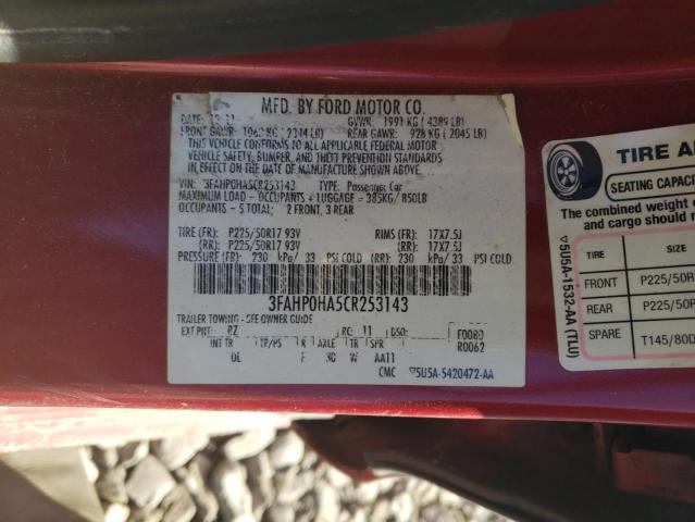 3FAHP0HA5CR253143 - 2012 FORD FUSION SE RED photo 12