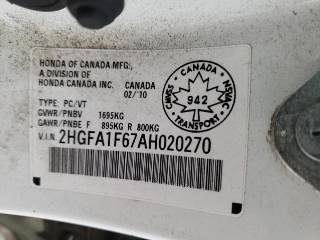 2HGFA1F67AH020270 - 2010 HONDA CIVIC LX-S WHITE photo 12