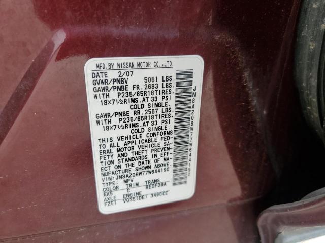 JN8AZ08W77W644190 - 2007 NISSAN MURANO SL BURGUNDY photo 12