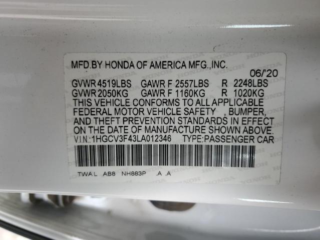 1HGCV3F43LA012346 - 2020 HONDA ACCORD HYBRID EX WHITE photo 13