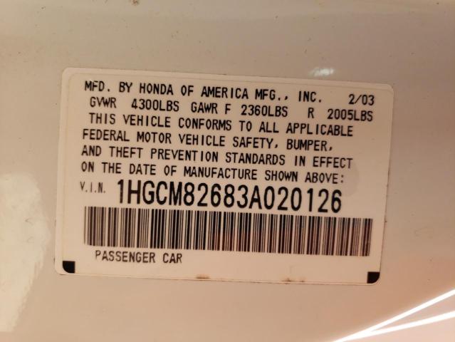 1HGCM82683A020126 - 2003 HONDA ACCORD EX WHITE photo 12