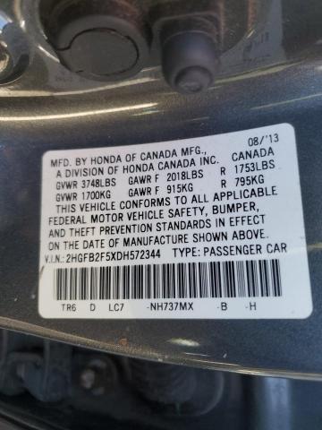 2HGFB2F5XDH572344 - 2013 HONDA CIVIC LX GRAY photo 12