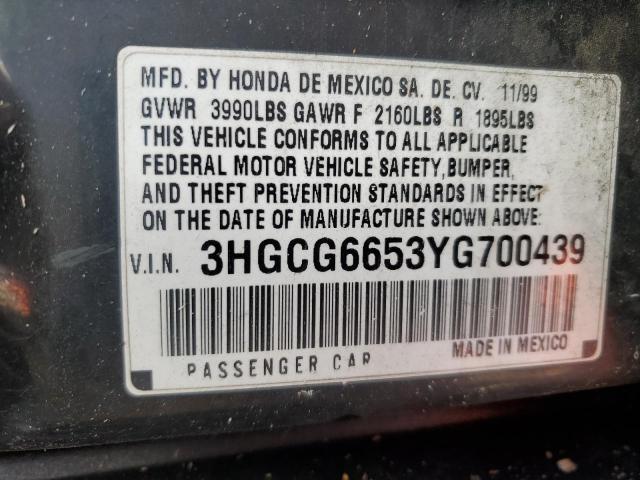 3HGCG6653YG700439 - 2000 HONDA ACCORD LX BLACK photo 12