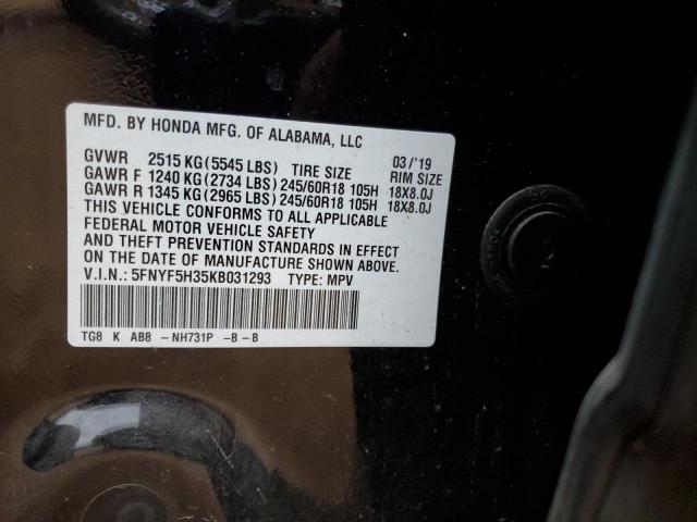 5FNYF5H35KB031293 - 2019 HONDA PILOT EX BLACK photo 12