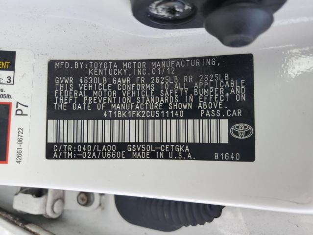 4T1BK1FK2CU511140 - 2012 TOYOTA CAMRY SE WHITE photo 12