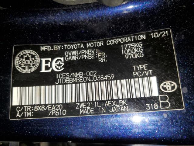 JTDBBMBE0NJ038459 - 2022 TOYOTA COROLLA BLUE photo 12