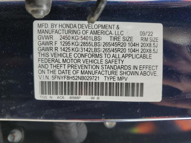 5FNYF8H52NB029721 - 2022 HONDA PASSPORT EXL BLUE photo 13