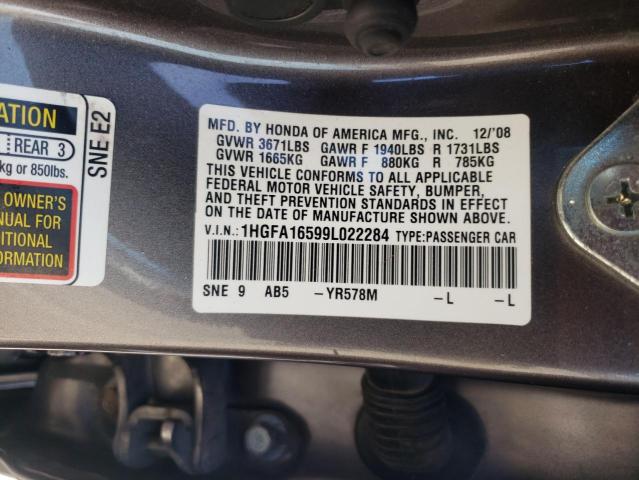 1HGFA16599L022284 - 2009 HONDA CIVIC LX GRAY photo 12