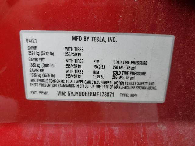 5YJYGDEE8MF178871 - 2021 TESLA MODEL Y RED photo 13