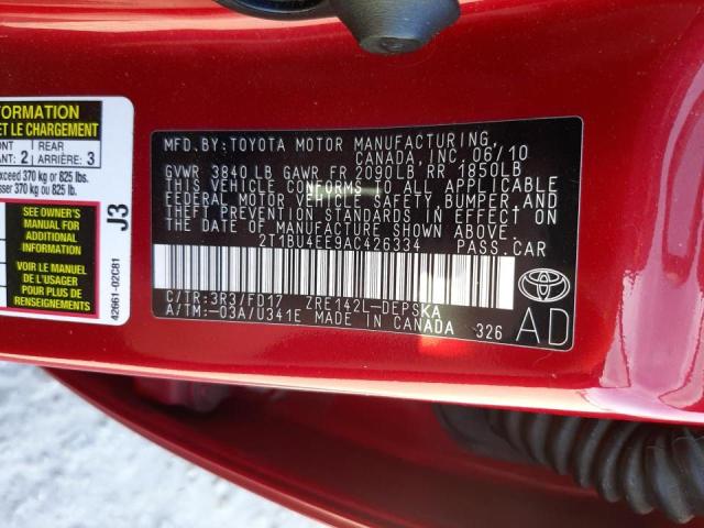 2T1BU4EE9AC426334 - 2010 TOYOTA COROLLA BASE RED photo 12