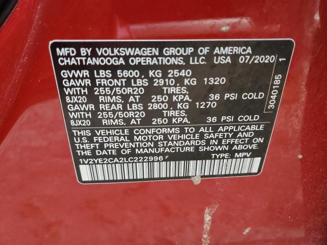 1V2YE2CA2LC222996 - 2020 VOLKSWAGEN ATLAS CROS SE RED photo 13