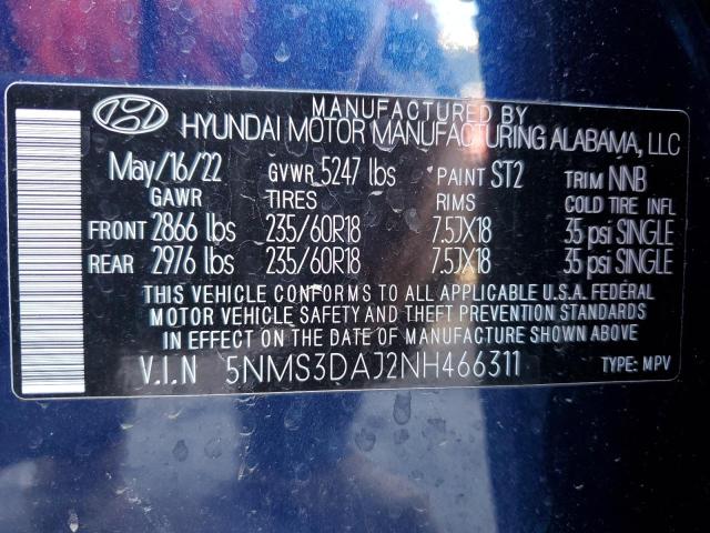 5NMS3DAJ2NH466311 - 2022 HYUNDAI SANTA FE SEL BLUE photo 12