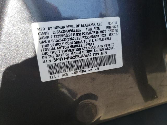 5FNYF4H52EB049847 - 2014 HONDA PILOT EXL GRAY photo 12