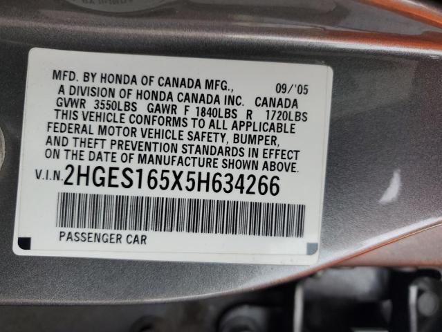 2HGES165X5H634266 - 2005 HONDA CIVIC LX GRAY photo 12