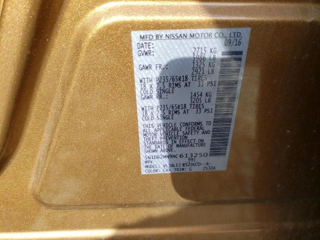 5N1DR2MN9HC613250 - 2017 NISSAN PATHFINDER S 金色 照片 10