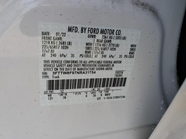 3FTTW8F97NRA31754 - 2022 FORD MAVERICK XL WHITE photo 10