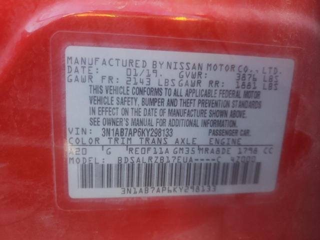 3N1AB7AP6KY298133 - 2019 NISSAN SENTRA S RED photo 12