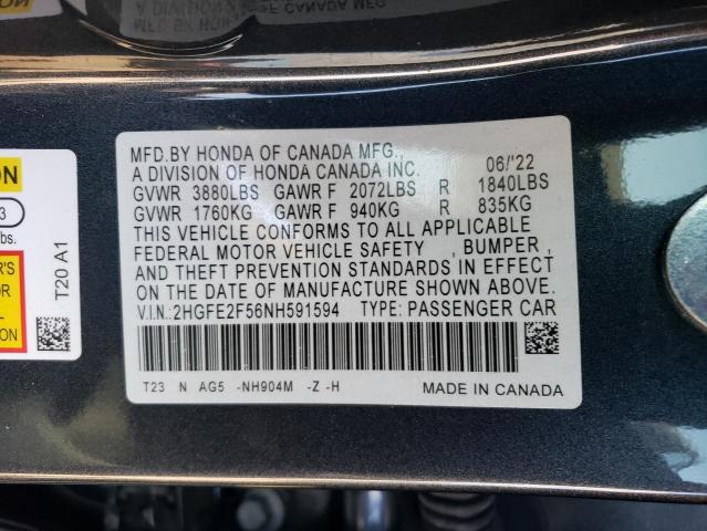 2HGFE2F56NH591594 - 2022 HONDA CIVIC SPORT 灰色 照片 12