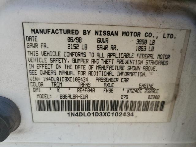 1N4DL01D3XC102434 - 1999 NISSAN ALTIMA XE WHITE photo 12