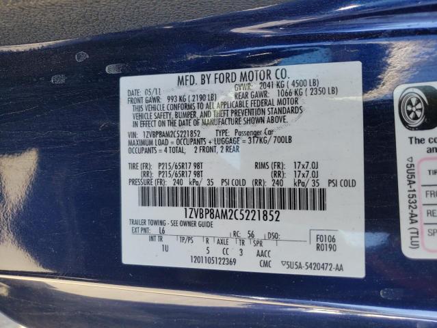 1ZVBP8AM2C5221852 - 2012 FORD MUSTANG BLUE photo 13