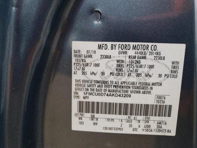 1FMCU0D74AKD43209 - 2010 FORD ESCAPE XLT BLUE photo 12