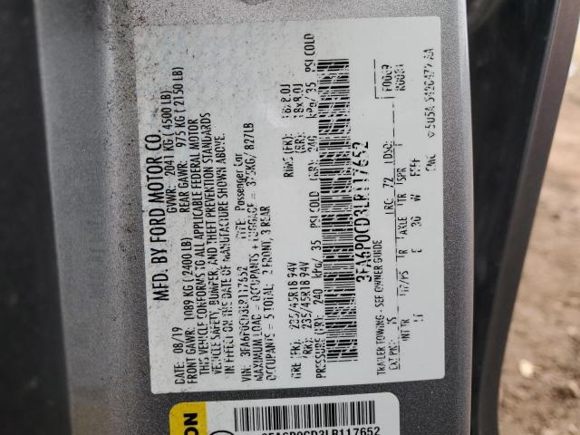 3FA6P0CD3LR117652 - 2020 FORD FUSION SEL SILVER photo 12