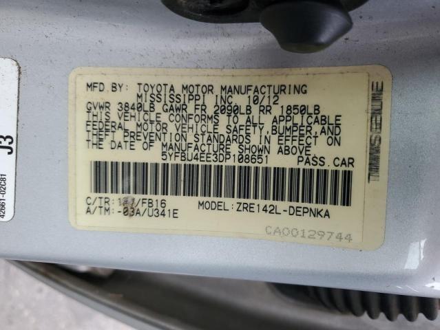 5YFBU4EE3DP108651 - 2013 TOYOTA COROLLA BASE Արծաթագույն լուսանկար 12