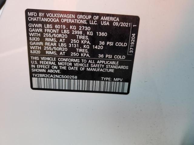1V2BR2CA2NC500258 - 2022 VOLKSWAGEN ATLAS SEL WHITE photo 12