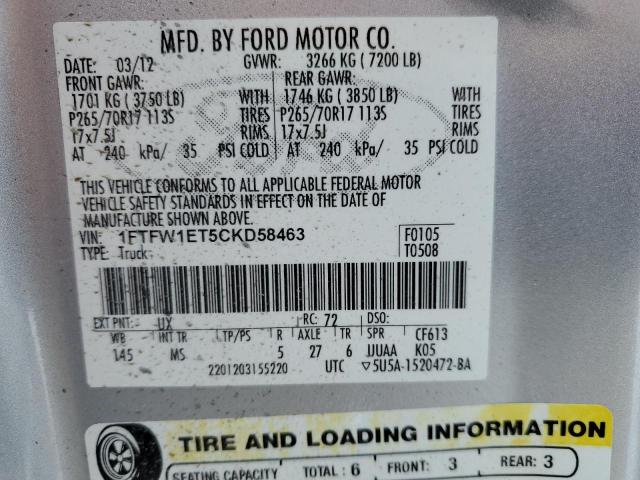 1FTFW1ET5CKD58463 - 2012 FORD F150 SUPERCREW SILVER photo 12