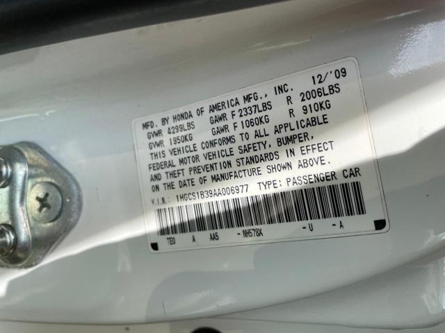 1HGCS1B39AA006977 - 2010 HONDA ACCORD LX WHITE photo 10