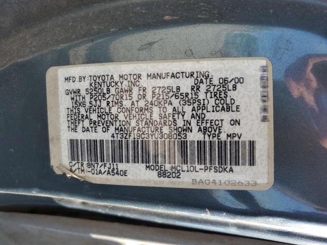 4T3ZF19C3YU308053 - 2000 TOYOTA SIENNA CE GRAY photo 12