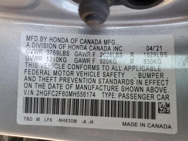 2HGFC2F60MH556174 - 2021 HONDA CIVIC LX SILVER photo 12