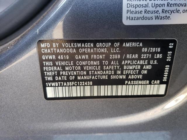 1VWBT7A35FC122438 - 2015 VOLKSWAGEN PASSAT SE GRAY photo 12