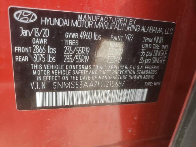 5NMS53AA7LH215687 - 2020 HYUNDAI SANTA FE LIMITED RED photo 13