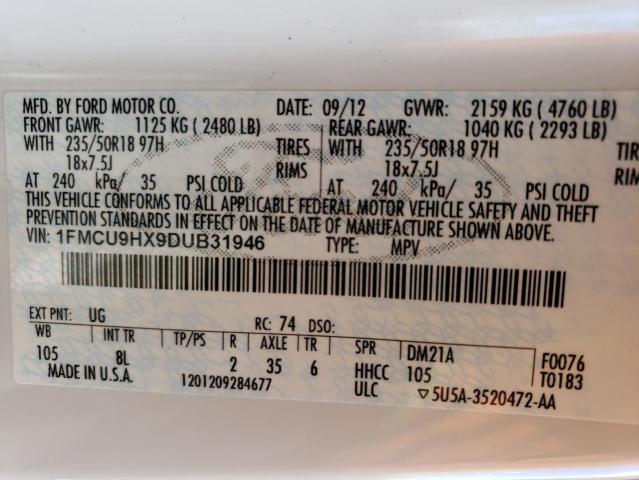 1FMCU9HX9DUB31946 - 2013 FORD ESCAPE SEL WHITE photo 12