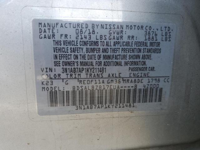 3N1AB7AP1KY211481 - 2019 NISSAN SENTRA S SILVER photo 12