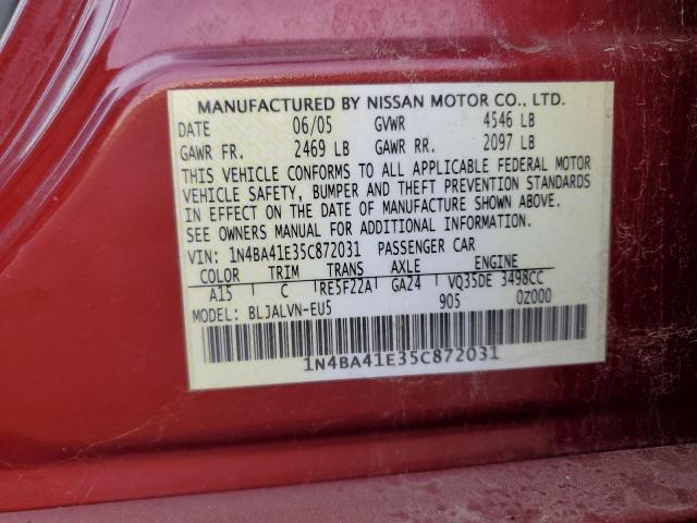 1N4BA41E35C872031 - 2005 NISSAN MAXIMA SE MAROON photo 12