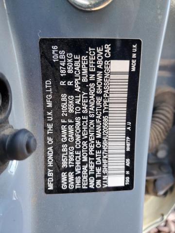 SHHFK7H56HU205685 - 2017 HONDA CIVIC EX BLUE photo 12