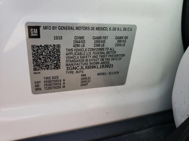 3GNCJLSB9KL193921 - 2019 CHEVROLET TRAX 1LT WHITE photo 13