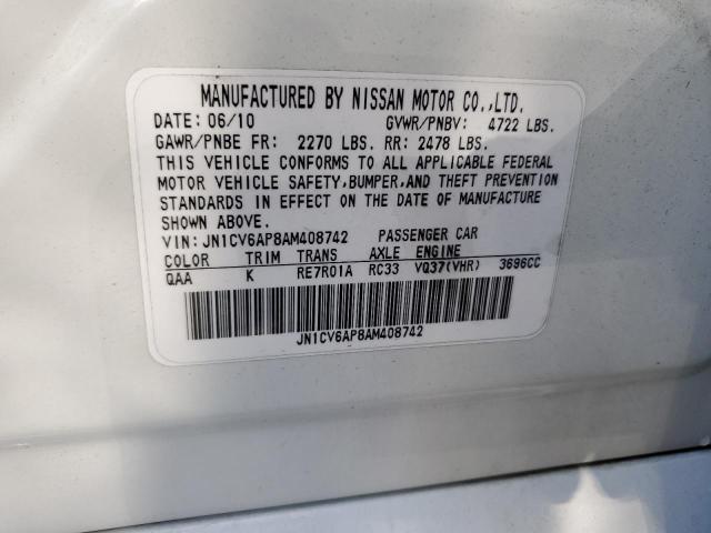 JN1CV6AP8AM408742 - 2010 INFINITI G37 BASE WHITE photo 12