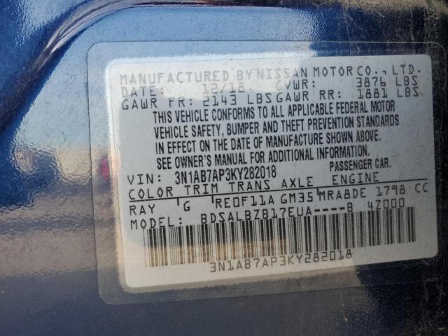 3N1AB7AP3KY282018 - 2019 NISSAN SENTRA S BLUE photo 13