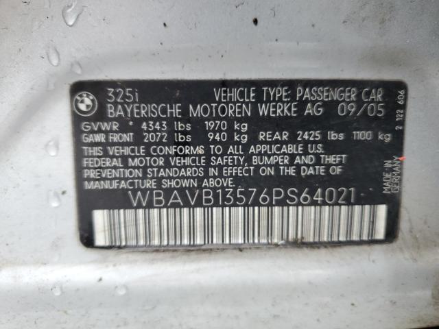 WBAVB13576PS64021 - 2006 BMW 325 I SILVER photo 12