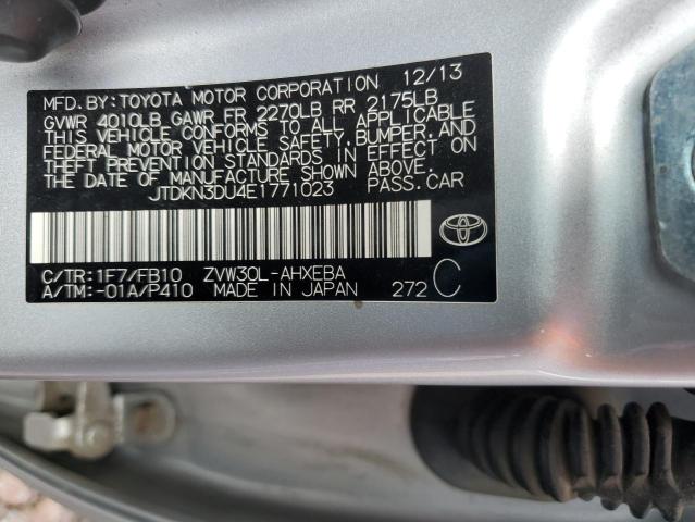 JTDKN3DU4E1771023 - 2014 TOYOTA PRIUS SILVER photo 12