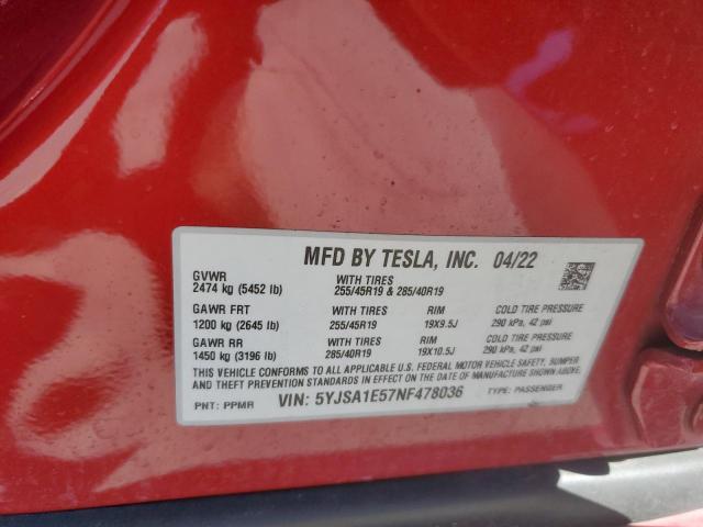 5YJSA1E57NF478036 - 2022 TESLA MODEL S RED photo 13