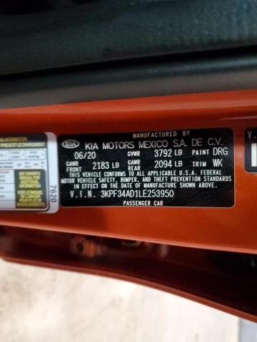 3KPF34AD1LE253950 - 2020 KIA FORTE GT LINE ORANGE photo 12