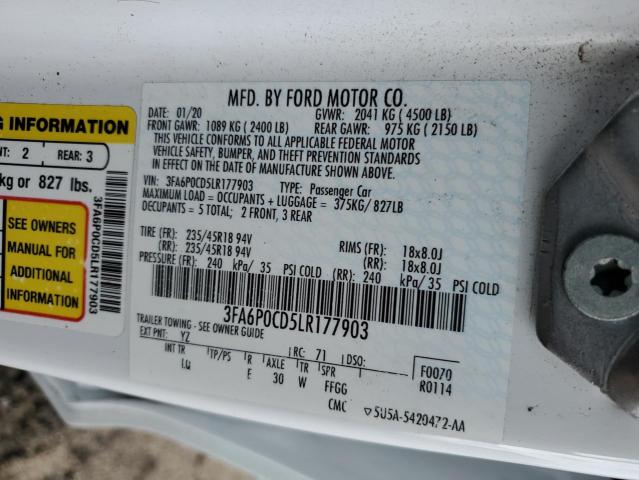 3FA6P0CD5LR177903 - 2020 FORD FUSION SEL WHITE photo 12