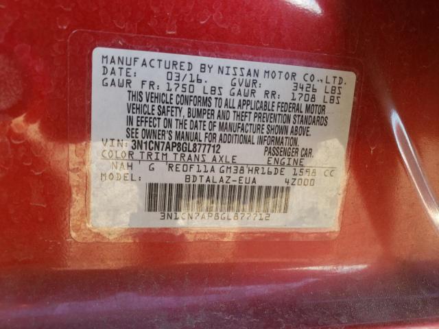 3N1CN7AP8GL877712 - 2016 NISSAN VERSA S RED photo 13