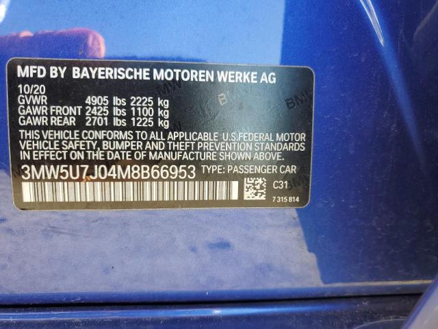 3MW5U7J04M8B66953 - 2021 BMW M340I BLUE photo 12